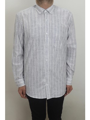 Cliente Fistan Store Erkek Çizgili Rahat Kalıp Tek Cepli Uzun Kollu Yazlık Keten Gömlek
