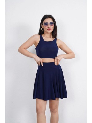 Passense Sendy Kumaş Bisiklet Yaka Crop Şortlu Etek Ikili Takım - Lacivert