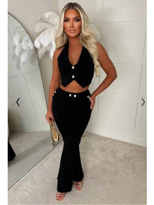 Passense Kadın Dalgıç Kumaş Düğme Detaylı Yelek Pantolon Ikili Takım