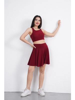 La Mode Istanbul Sendy Kumaş Bisiklet Yaka Crop Şortlu Etek Ikili Takım - Bordo
