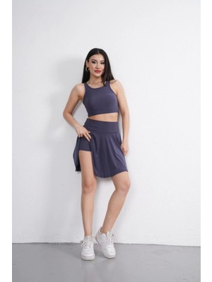 Gökyüzü Moda Sendy Kumaş Bisiklet Yaka Crop Şortlu Etek Ikili Takım - Antrasit