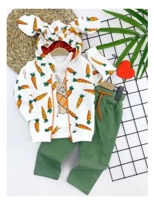 9-12-18-24 Ay Havuçlu Kulaklı Kapşonlu Fermuar Kapamalı 3lü Erkek Bebek Takımı