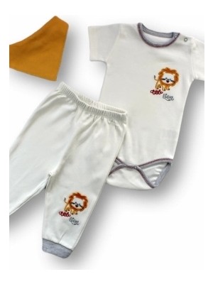 3-6 6-9 9-12 Ay Yavru Aslan Nakışlı Bandajlı Kısa Kollu Zıbınlı 3lü Erkek Bebek Takımı