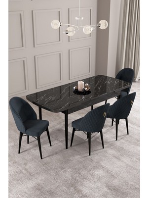 Calvin Siyah Mermer Desen 80X132 Mdf Açılabilir Mutfak Masası Takımı 4 Adet Sandalye