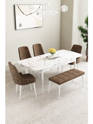 Clara Beyaz Mermer Desen 80X132 Açılabilir Yemek Odası Takımı 4 Sandalye, 1 Bench