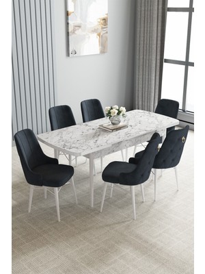Jusie Beyaz Mermer Desen 80X132 Açılabilir Mutfak Masası Takımı 6 Adet Sandalye