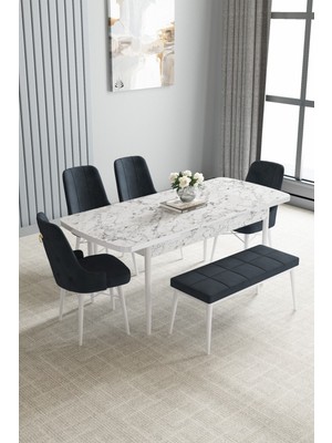 Jusie Beyaz Mermer Desen 80X132 Açılabilir Yemek Odası Takımı 4 Sandalye, 1 Bench