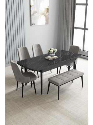 Jusie Siyah Mermer Desen 80X132 Açılabilir Yemek Odası Takımı 4 Sandalye, 1 Bench