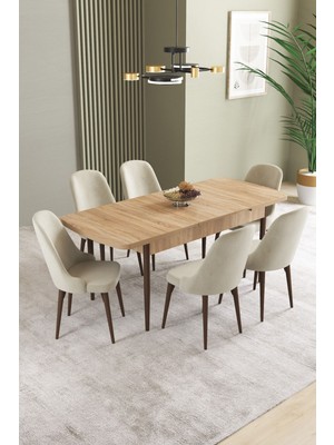 Ikon Meşe Desen 80X132 Mdf Açılabilir Mutfak Masası Takımı 6 Adet Sandalye