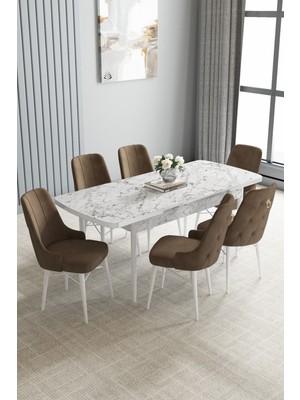 Jusie Beyaz Mermer Desen 80X132 Açılabilir Yemek Odası Takımı 6 Adet Sandalye