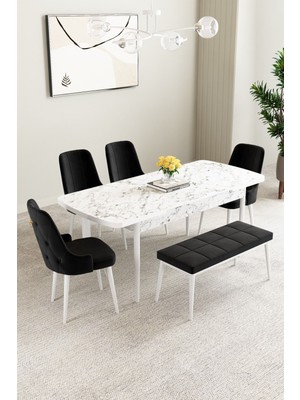 Clara Beyaz Mermer Desen 80X132 Açılabilir Yemek Odası Takımı 4 Sandalye, 1 Bench