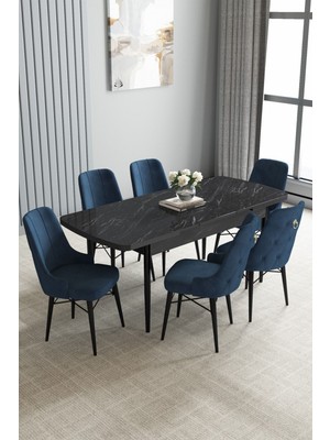 Jusie Siyah Mermer Desen 80X132 Açılabilir Yemek Odası Takımı 6 Adet Sandalye