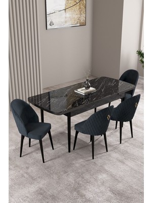 Milas Siyah Mermer Desen 80X132 Mdf Açılabilir Mutfak Masası Takımı 4 Adet Sandalye