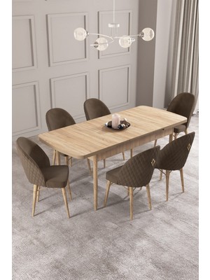 Calvin Meşe Desen 80X132 Mdf Açılabilir Mutfak Masası Takımı 6 Adet Sandalye
