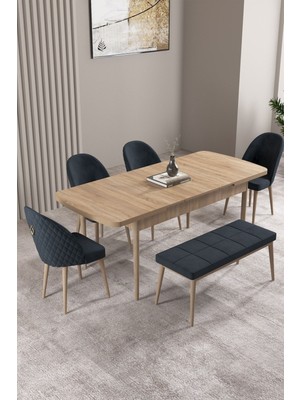 Milas Meşe Desen 80X132 Mdf Açılabilir Yemek Masası Takımı 4 Sandalye, 1 Bench