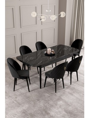Calvin Siyah Mermer Desen 80X132 Mdf Açılabilir Mutfak Masası Takımı 6 Adet Sandalye