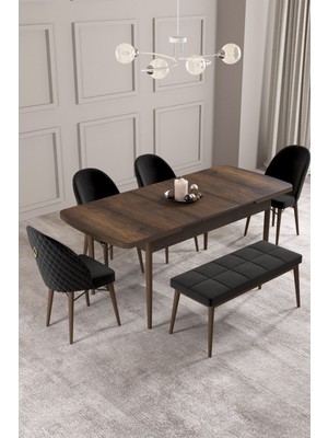 Calvin Barok Desen 80X132 Mdf Açılabilir Mutfak Masası Takımı 4 Sandalye, 1 Bench