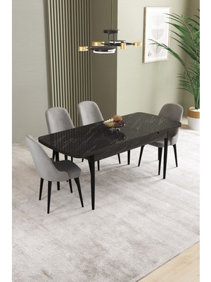 Ikon Siyah Mermer Desen 80X132 Mdf Açılabilir Mutfak Masası Takımı 4 Adet Sandalye
