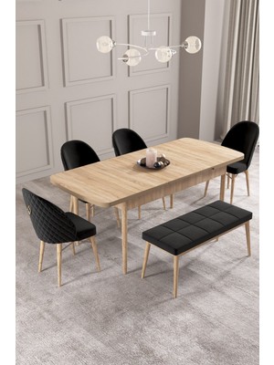 Calvin Meşe Desen 80X132 Mdf Açılabilir Mutfak Masası Takımı 4 Sandalye, 1 Bench
