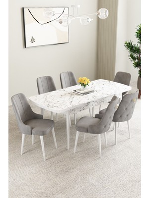 Clara Beyaz Mermer Desen 80X132 Açılabilir Yemek Odası Takımı 6 Adet Sandalye