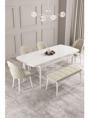 Calvin Beyaz 80X132 Mdf Açılabilir Mutfak Masası Takımı 4 Sandalye, 1 Bench