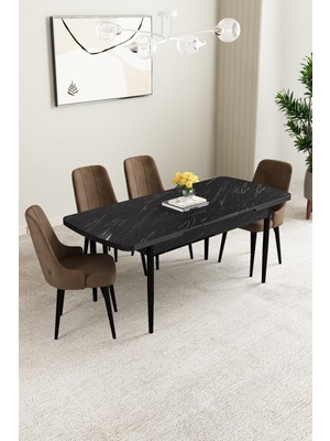 Mabel Siyah Mermer Desen 80X132 Mdf Açılabilir Mutfak Masası Takımı 4 Adet Sandalye