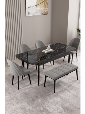 Milas Siyah Mermer Desen 80X132 Mdf Açılabilir Yemek Masası Takımı 4 Sandalye, 1 Bench