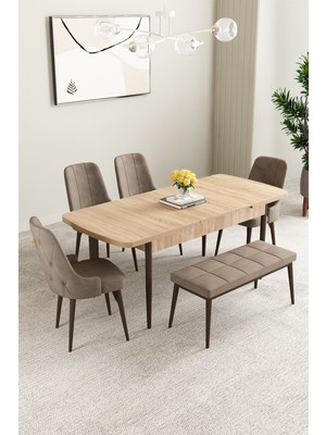 Mabel Meşe Desen 80X132 Mdf Açılabilir Mutfak Masası Takımı 4 Sandalye 1 Bench