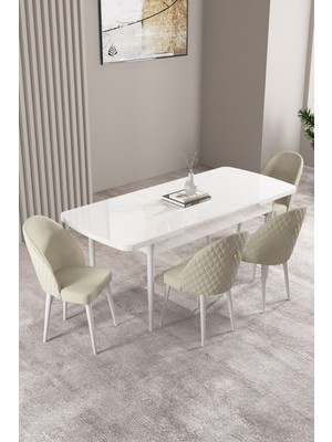 Milas Beyaz 80X132 Mdf Açılabilir Yemek Masası Takımı 4 Adet Sandalye