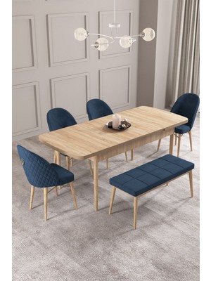 Calvin Meşe Desen 80X132 Mdf Açılabilir Mutfak Masası Takımı 4 Sandalye, 1 Bench