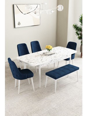 Mabel Beyaz Mermer Desen 80X132 Açılabilir Yemek Odası Takımı 4 Sandalye, 1 Bench