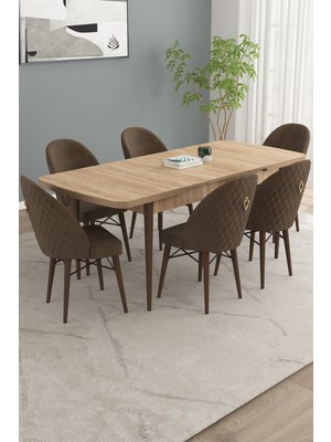 Calvin Meşe Desen 80X132 Mdf Açılabilir Mutfak Masası Takımı 6 Adet Sandalye