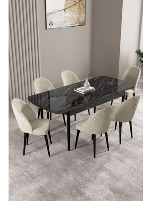 Milas Siyah Mermer Desen 80X132 Mdf Açılabilir Yemek Masası Takımı 6 Adet Sandalye