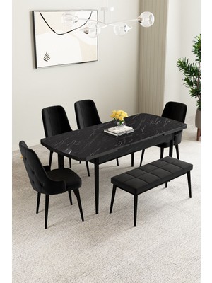 Clara Siyah Mermer Desen 80X132 Açılabilir Yemek Odası Takımı 4 Sandalye, 1 Bench