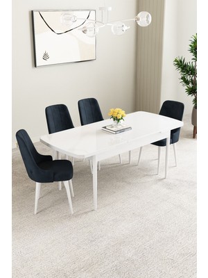 Mabel Beyaz Desen 80X132 Mdf Açılabilir Mutfak Masası Takımı 4 Adet Sandalye