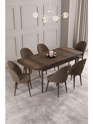 Calvin Barok Desen 80X132 Mdf Açılabilir Mutfak Masası Takımı 6 Adet Sandalye