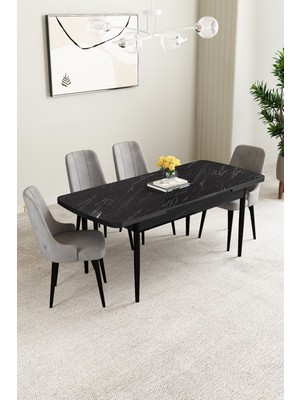 Clara Siyah Mermer Desen 80X132 Açılabilir Yemek Odası Takımı 4 Adet Sandalye