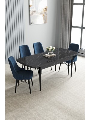 Jusie Siyah Mermer Desen 80X132 Açılabilir Mutfak Masası Takımı 4 Adet Sandalye