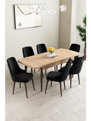 Mabel Meşe Desen 80X132 Mdf Açılabilir Mutfak Masası Takımı 6 Adet Sandalye