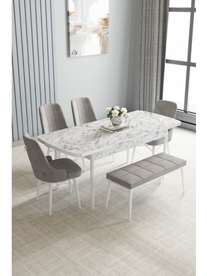 Jusie Beyaz Mermer Desen 80X132 Açılabilir Mutfak Masası Takımı 4 Sandalye, 1 Bench