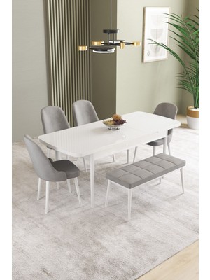 Ikon Beyaz 80X132 Mdf Açılabilir Mutfak Masası Takımı 4 Sandalye, 1 Bench
