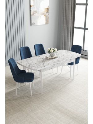 Jusie Beyaz Mermer Desen 80X132 Açılabilir Yemek Odası Takımı 4 Adet Sandalye