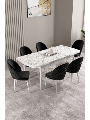 Milas Beyaz Mermer Desen 80X132 Mdf Açılabilir Yemek Masası Takımı 6 Adet Sandalye