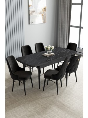 Jusie Siyah Mermer Desen 80X132 Açılabilir Mutfak Masası Takımı 6 Adet Sandalye