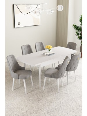Mabel Beyaz Desen 80X132 Mdf Açılabilir Mutfak Masası Takımı 6 Adet Sandalye