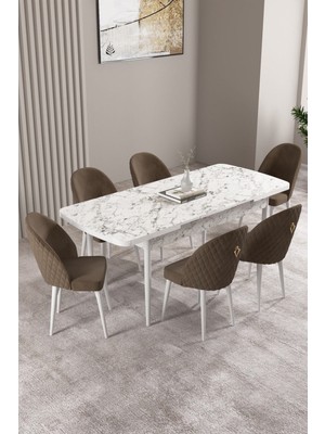 Milas Beyaz Mermer Desen 80X132 Mdf Açılabilir Mutfak Masası Takımı 6 Adet Sandalye