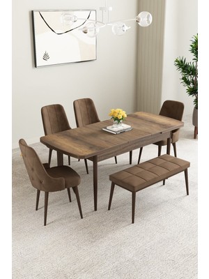 Mabel Barok Desen 80X132 Mdf Açılabilir Mutfak Masası Takımı 4 Sandalye 1 Bench