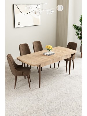 Mabel Meşe Desen 80X132 Mdf Açılabilir Mutfak Masası Takımı 4 Adet Sandalye