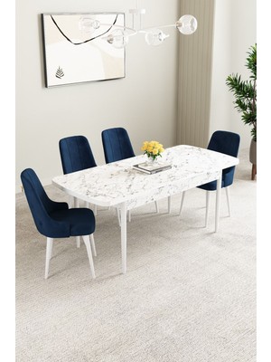 Mabel Beyaz Mermer Desen 80X132 Açılabilir Yemek Odası Takımı 4 Adet Sandalye