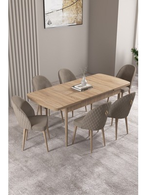 Milas Meşe Desen 80X132 Mdf Açılabilir Yemek Masası Takımı 6 Adet Sandalye